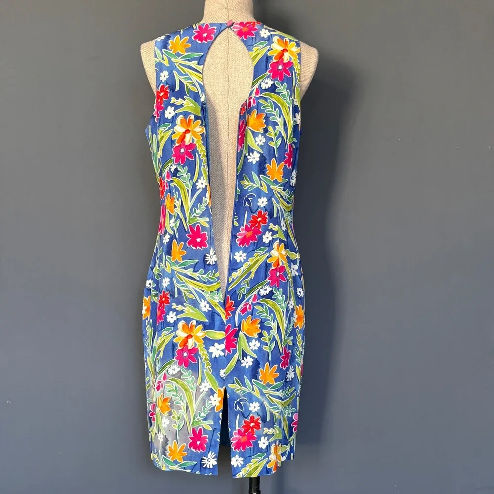 Maggy London Silk Floral Sheath Dress | Sz 6 | Blue Tropical Keyhole Back - Picture 3 of 8